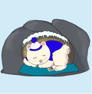 Drawing of a polar bear hibernating in a cave. The bear is dressed in a blue sweater and toque.